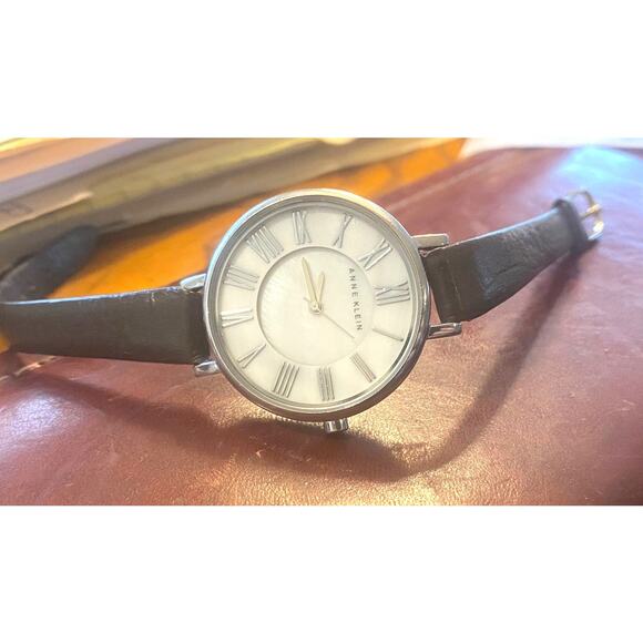 Women's Anne Klein 32mm Watch, Silver Tone Case, Black Band, MOP Face - Picture 2 of 4